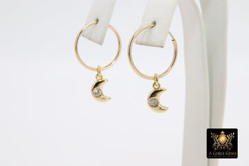 14 K Gold Filled Endless Hoop with CZ Red Moon, Gold Hooplet Dangle Blue CZ Cross Charms #2548 - A Girls Gems